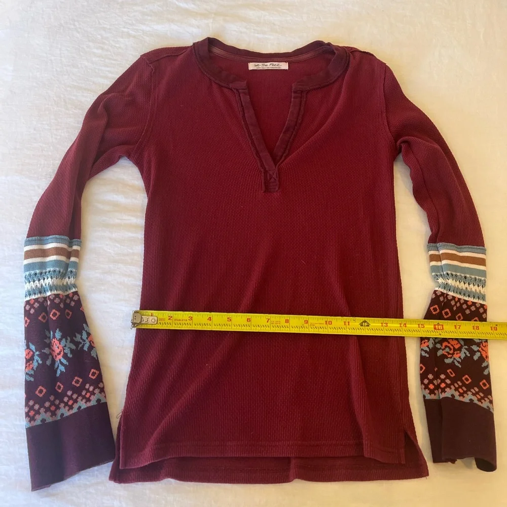 We The Free Burgundy Long Sleeve Top with Patterned Sleeves - Picture 6 of 8